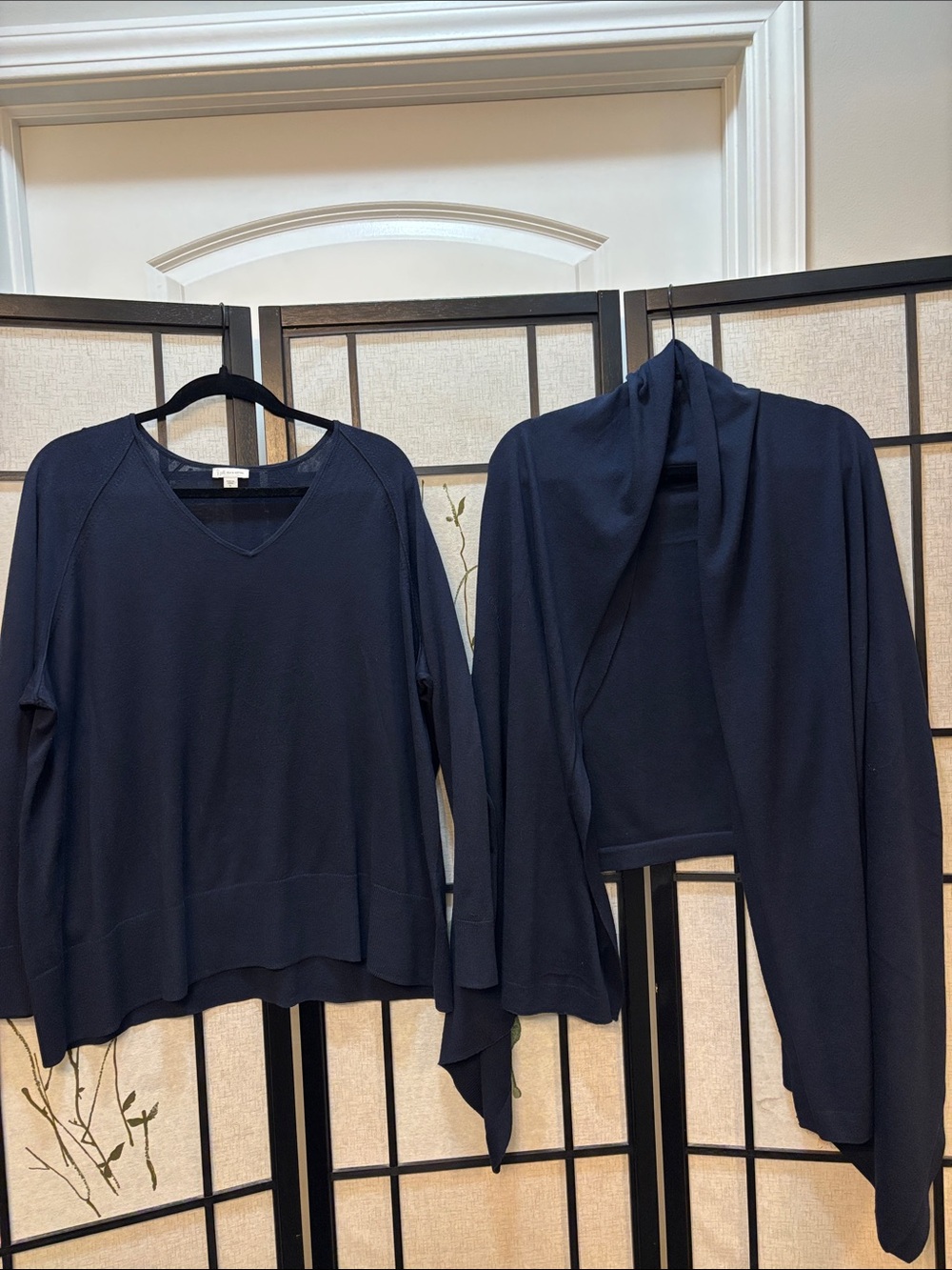 J. Jill Navy Two-Piece V Neck with Draped Shawl Set